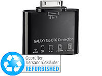 Callstel 5in1-Speicheradapter für Galaxy Tab: USB, SD (Versandrückläufer); Faltbare Qi-kompatible 3in1-Ladestationen für Smartphone, Apple Watch & AirPods 