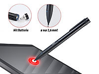 Callstel Aktiver Touchscreen-Eingabestift, 2,6-mm-Spitze, Slim, Stealth-Look; Kapazitiver Touchpens mit Kugelschreiber Kapazitiver Touchpens mit Kugelschreiber 