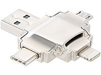 Callstel microSD-Kartenleser mit Lightning-, Micro-USB & USB-Stecker Typ A & C; Original Apple-lizenzierte Lightning-Kabel (MFi) Original Apple-lizenzierte Lightning-Kabel (MFi) Original Apple-lizenzierte Lightning-Kabel (MFi) Original Apple-lizenzierte Lightning-Kabel (MFi) 