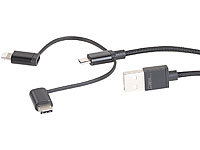 Callstel 3in1-Ladekabel für Micro-USB, USB-C, MFI, 1 m, 2,1A, Textil; Multi-USB-Kabel für USB A und C, Micro-USB und 8-PIN Multi-USB-Kabel für USB A und C, Micro-USB und 8-PIN Multi-USB-Kabel für USB A und C, Micro-USB und 8-PIN Multi-USB-Kabel für USB A und C, Micro-USB und 8-PIN 