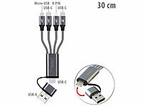 Callstel 8in1-Lade & Datenkabel USB-C/A zu USB-C/Micro-USB/Lightning, 30cm, 3A; Micro-USB-Kabel, verdrehsicher Micro-USB-Kabel, verdrehsicher 
