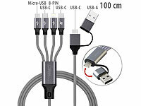 Callstel 8in1-Lade & Datenkabel USB-C/A zu USB-C/Micro-USB/Lightning, 100cm,3A; Micro-USB-Kabel, verdrehsicher Micro-USB-Kabel, verdrehsicher 