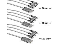 Callstel 3er-Set 3in1-Schnellladekabel: Micro-USB, USB-C & Textil; Micro-USB-Kabel, verdrehsicher Micro-USB-Kabel, verdrehsicher Micro-USB-Kabel, verdrehsicher Micro-USB-Kabel, verdrehsicher 