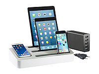 Callstel 4in1 Ladeständer mit 5-Port-Netzteil f. Tablets & Smartphones; Multi-USB-Kabel für USB A und C, Micro-USB und 8-PIN 