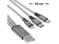 Callstel 3in1-Schnellladekabel: Micro-USB, USB C & Textil, 30 cm, 3A; Micro-USB-Kabel, verdrehsicher Micro-USB-Kabel, verdrehsicher Micro-USB-Kabel, verdrehsicher Micro-USB-Kabel, verdrehsicher 