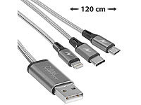 Callstel 3in1-Schnellladekabel: Micro-USB, USB Typ C & Textil, 120cm; Micro-USB-Kabel, verdrehsicher Micro-USB-Kabel, verdrehsicher Micro-USB-Kabel, verdrehsicher Micro-USB-Kabel, verdrehsicher 